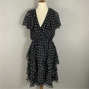 Vtg Pat Richards Michael Maiello Black Polka Dot Dress 10 Ruffle Party Sheer Slv
